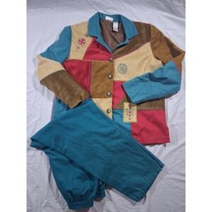 Vintage Koret Patchwork Jacket and Pants Set Womens Medium Teal Multi Embroidery